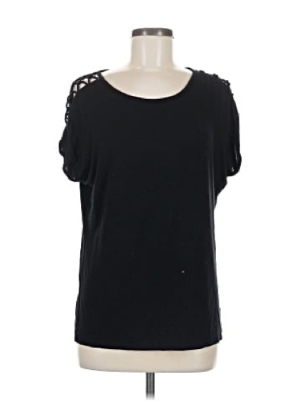 Tahari Black Short Sleeve Top Lattice Cutout Open Weave Crochet Shoulder S